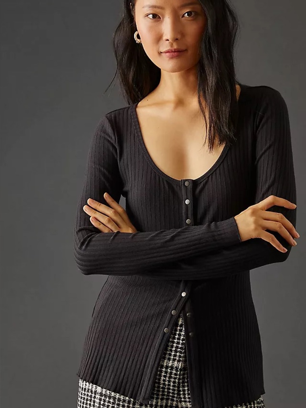 Anthropologie Ribbed Button Clasp Top